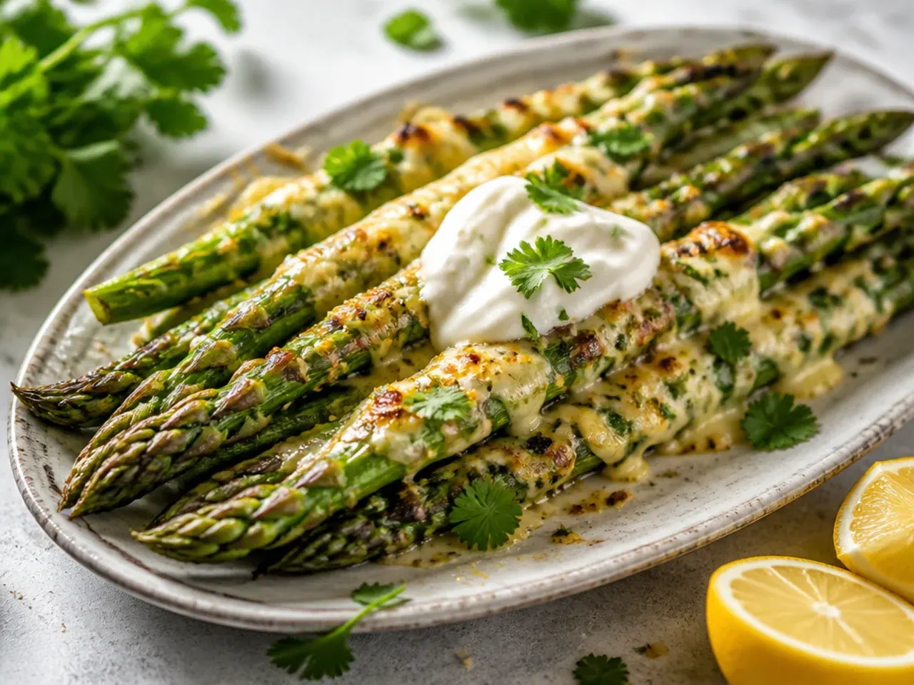 Grilled asparagus topped with melting parmesan shavings and bright lemon zest