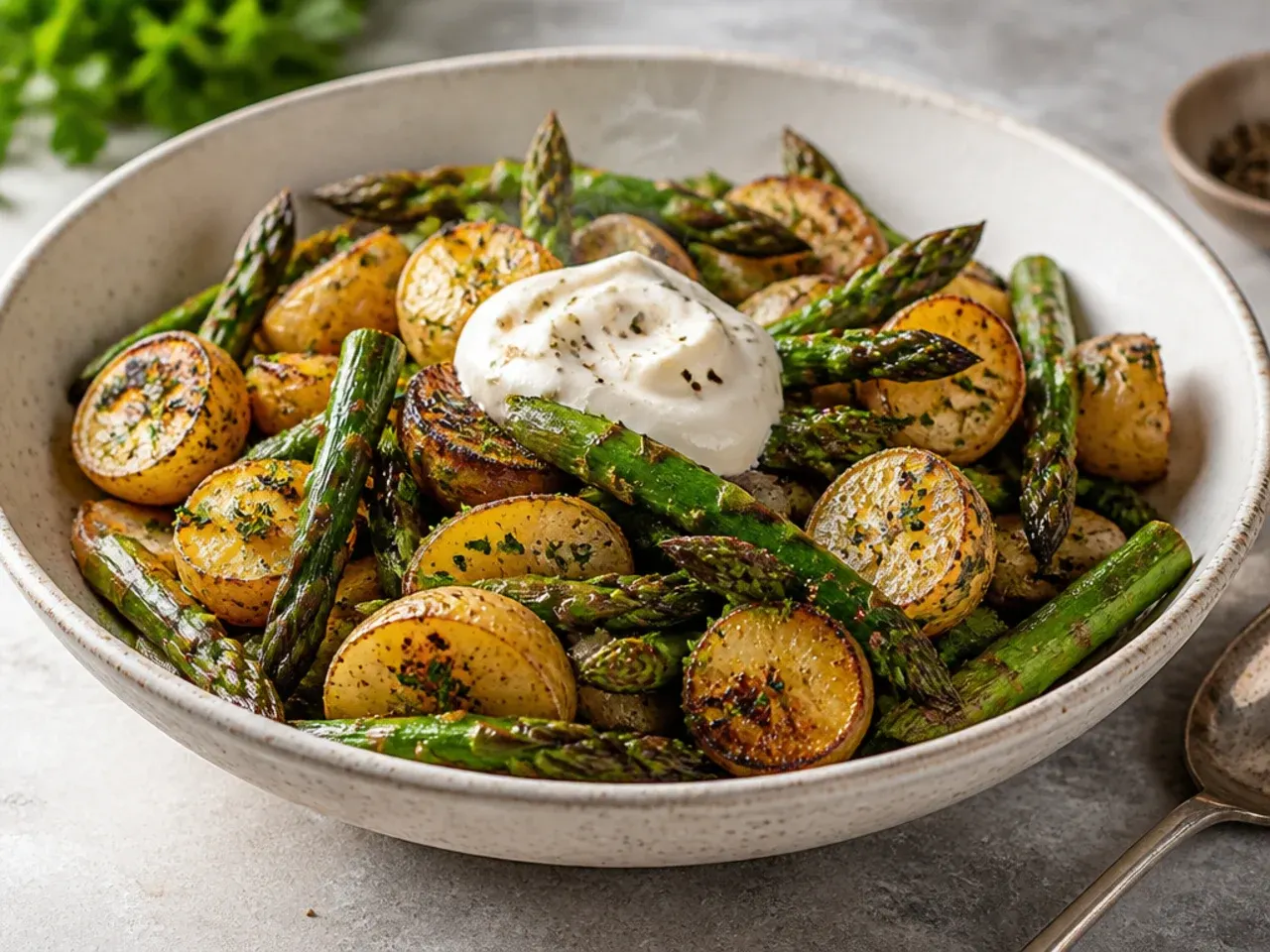 Foil bundle of grilled asparagus and baby potatoes with rosemary, opened to show steam rising