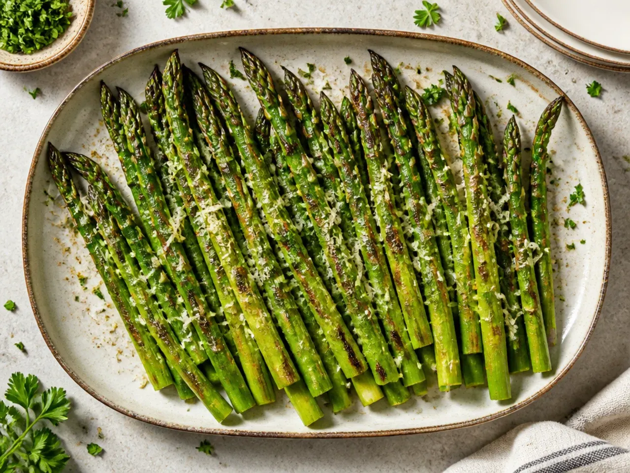 A budget-friendly tray of grilled asparagus seasoned simply with garlic powder