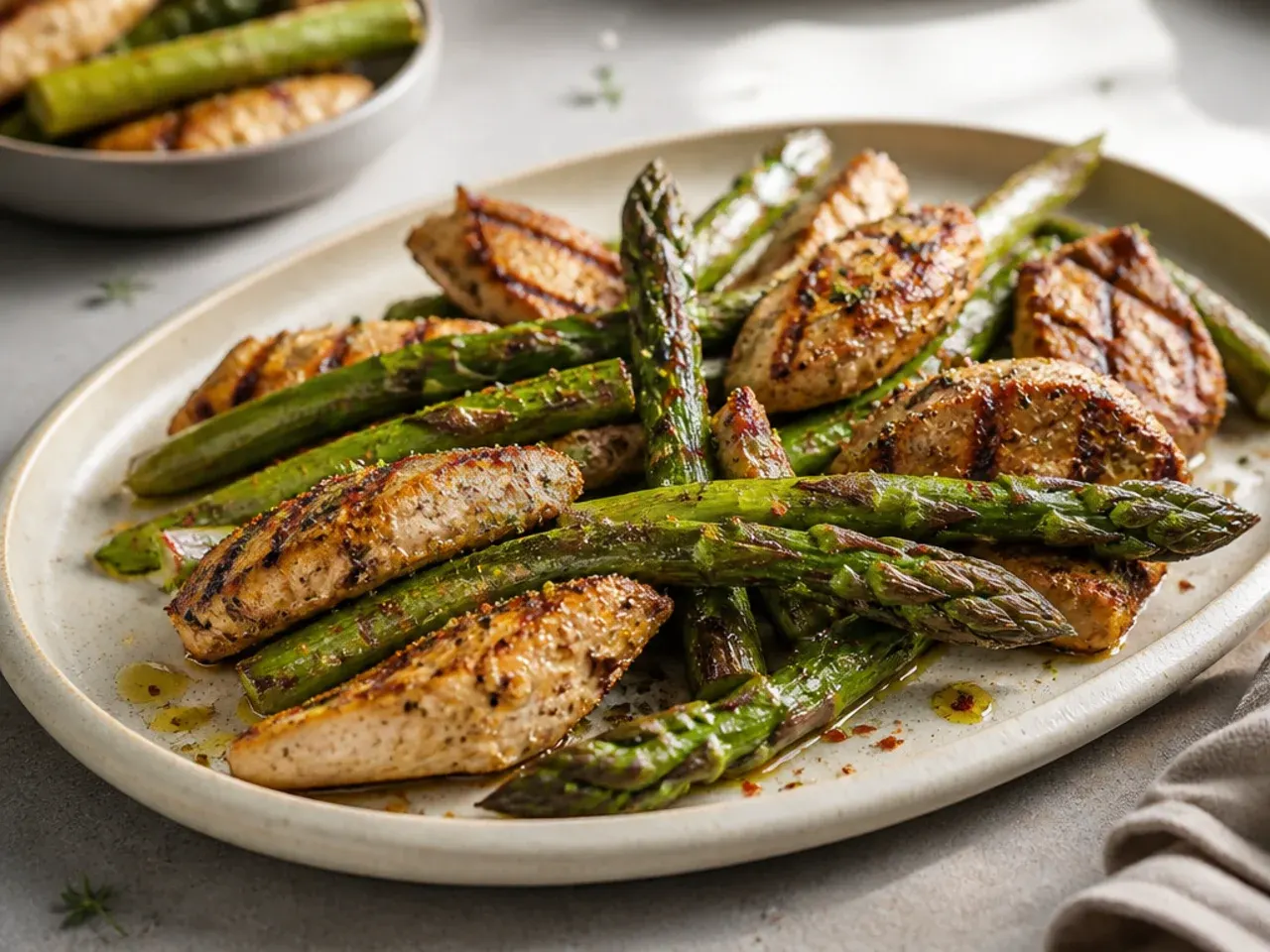 Sliced grilled chicken thighs served alongside charred grilled asparagus spears