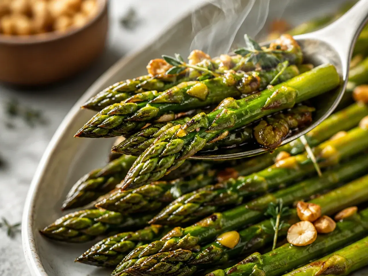 Grilled asparagus drizzled with a dark, glossy balsamic reduction