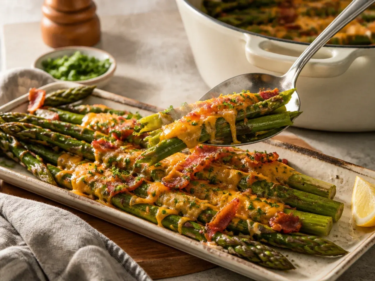 Grilled asparagus loaded with crispy bacon bits and melted cheddar cheese