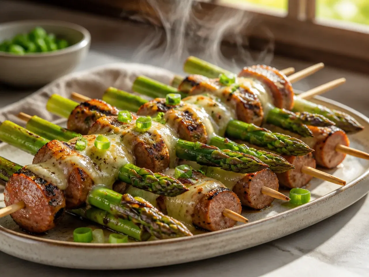Family-style skewers of grilled asparagus and smoked sausage slices on a platter