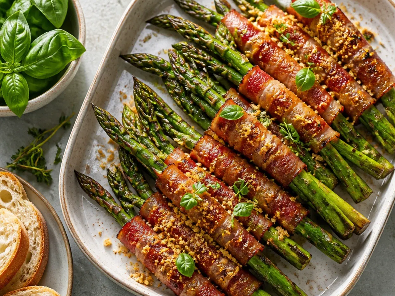 Bundles of grilled asparagus wrapped in crispy bacon on a charcoal grill