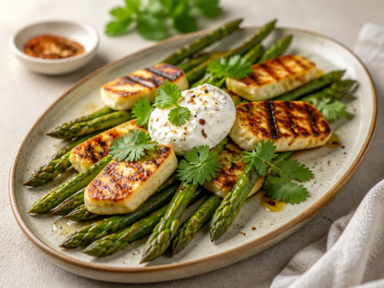 Grilled asparagus and golden-seared halloumi slices sharing a grill basket