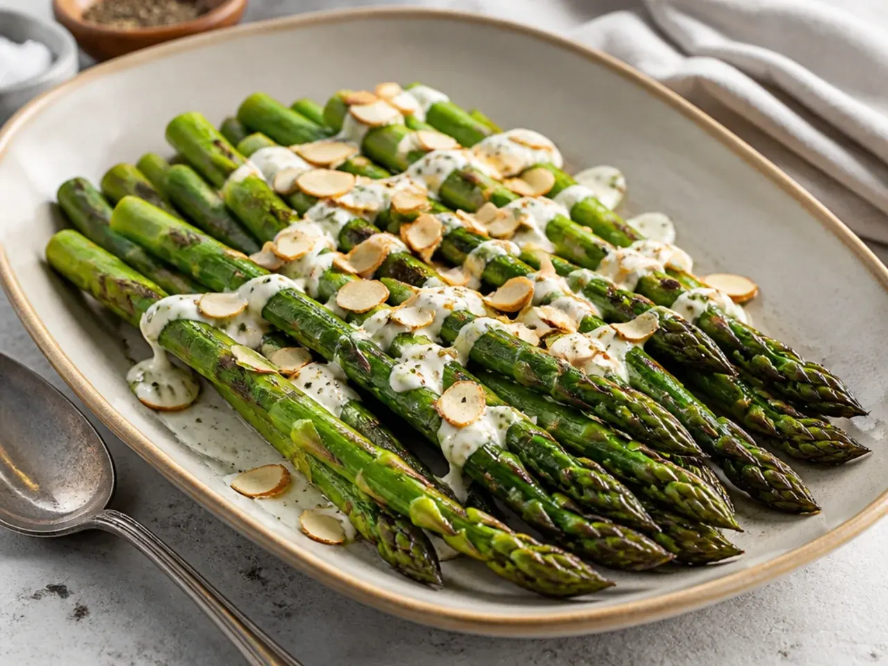 Grilled asparagus spears topped with golden toasted almond flakes
