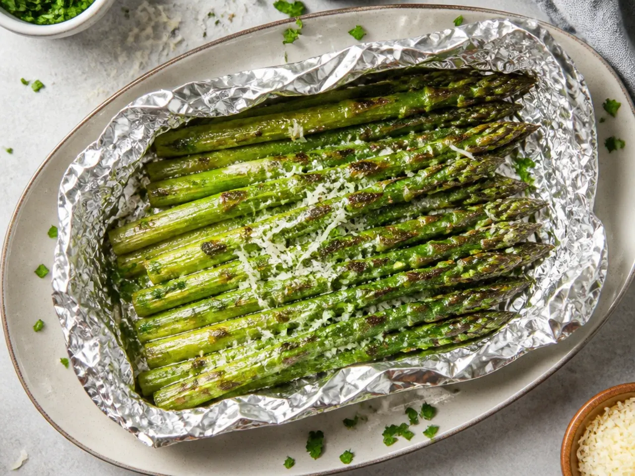 A sealed foil packet of grilled asparagus with garlic and chilli flakes
