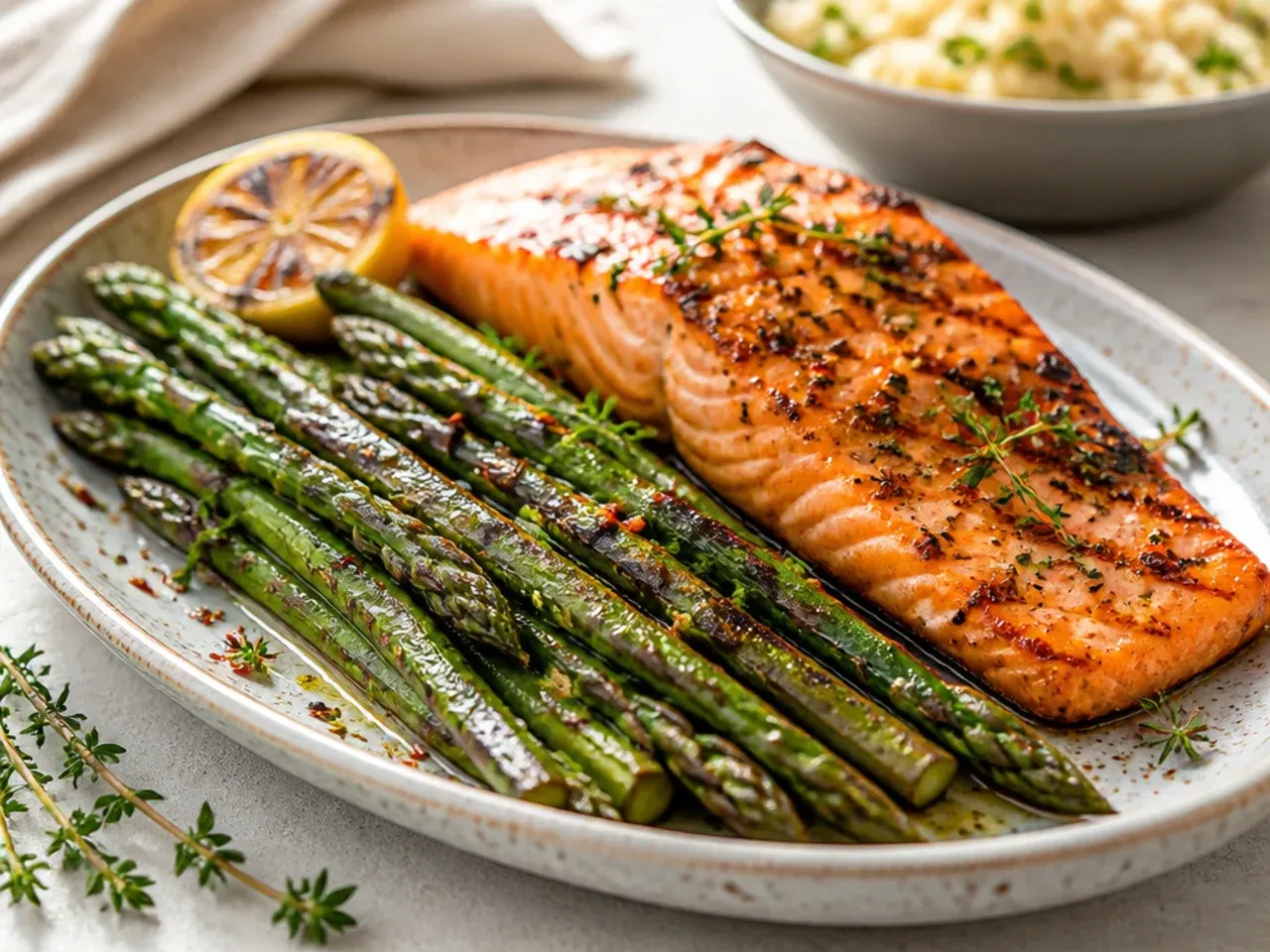 A platter of grilled salmon fillets served alongside charred grilled asparagus