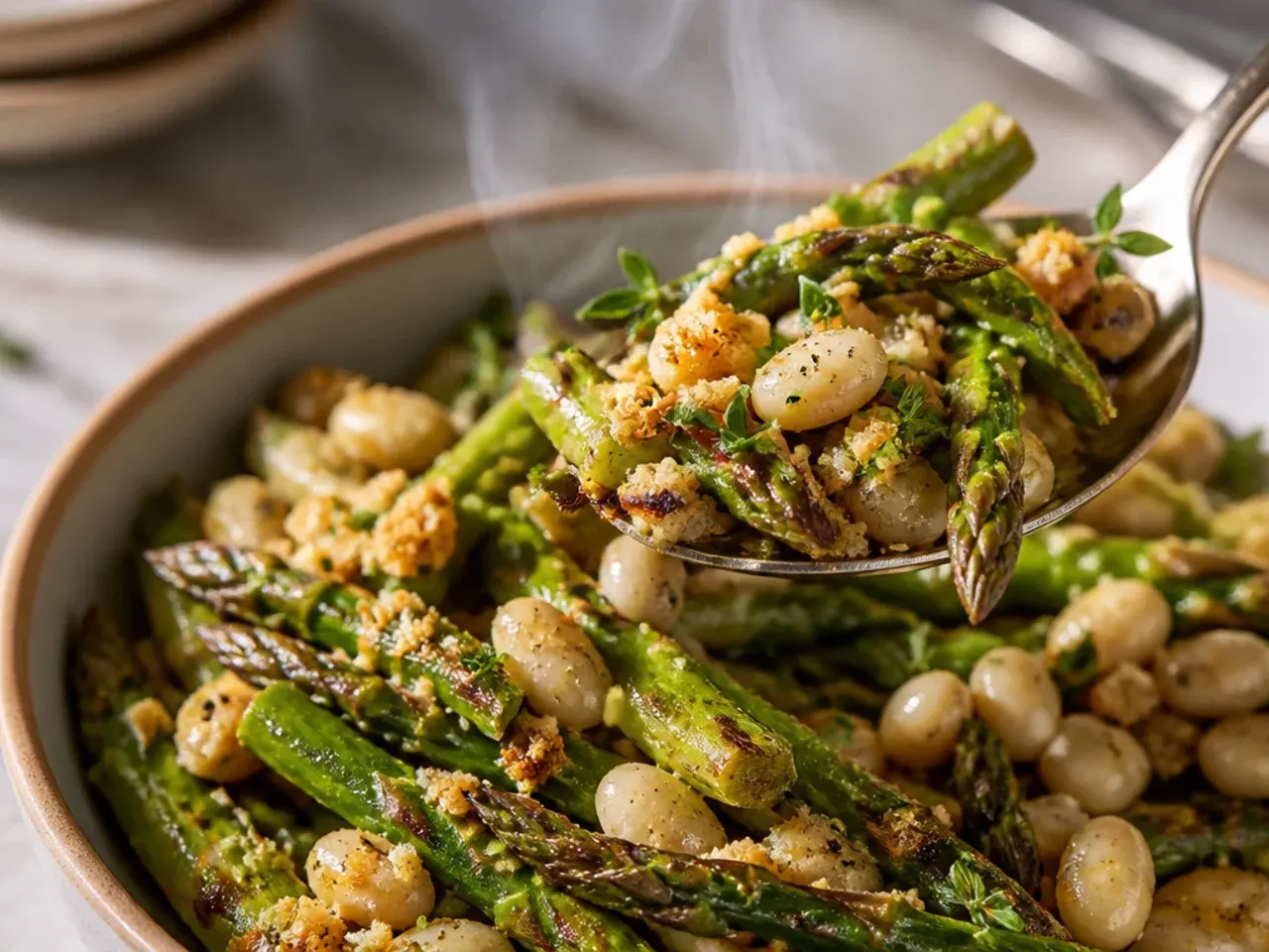 A bowl of chopped grilled asparagus tossed with white beans and fresh herbs