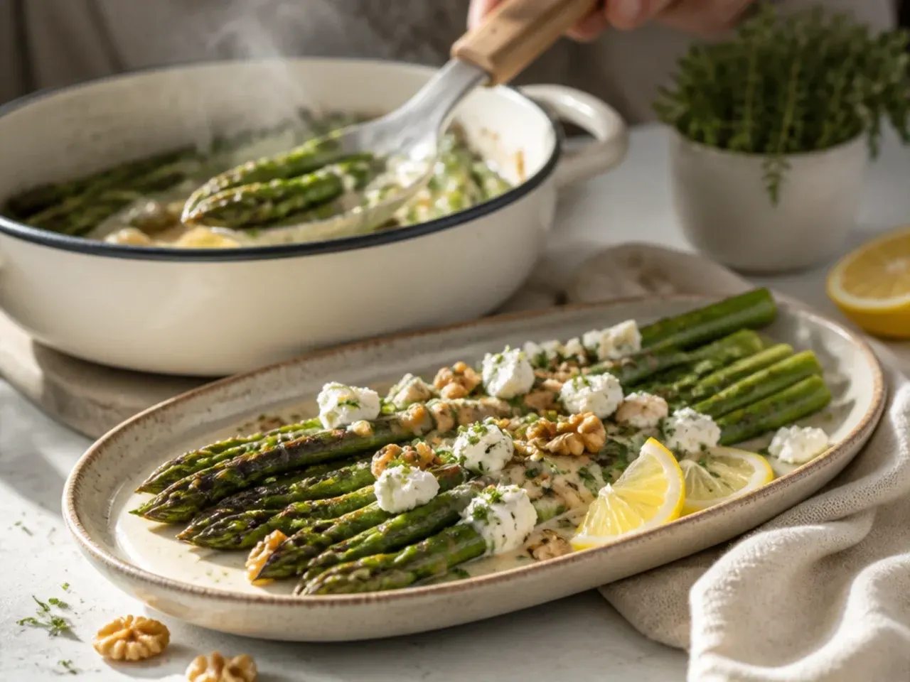 Grilled asparagus topped with crumbled goat cheese, toasted walnuts, and a honey drizzle