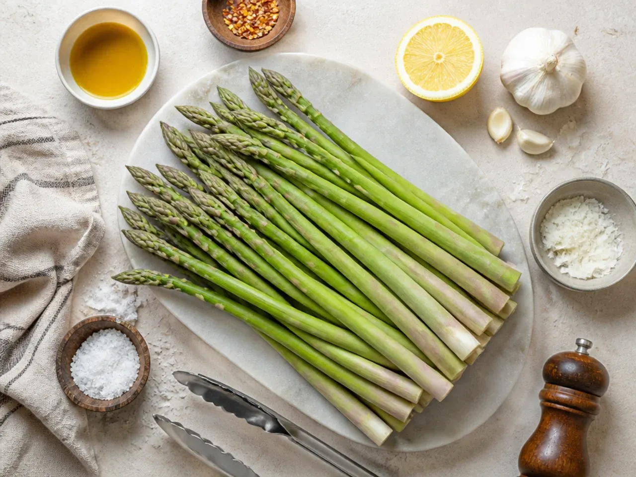 Close-up of hands snapping the woody end off a raw asparagus spear before grilling