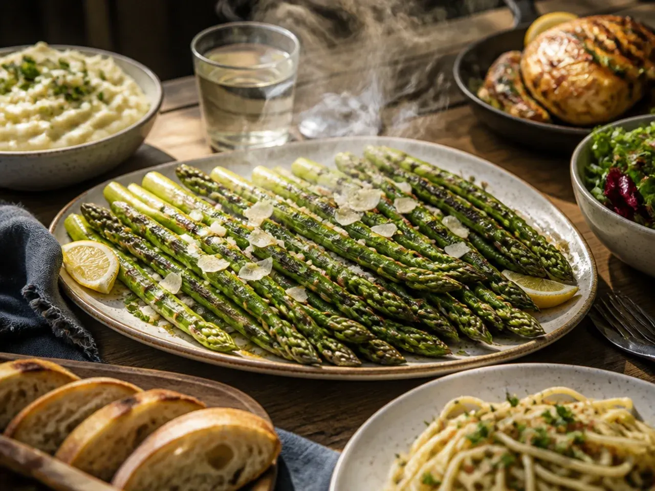 A dinner plate with grilled asparagus served alongside grilled chicken and lemon wedges