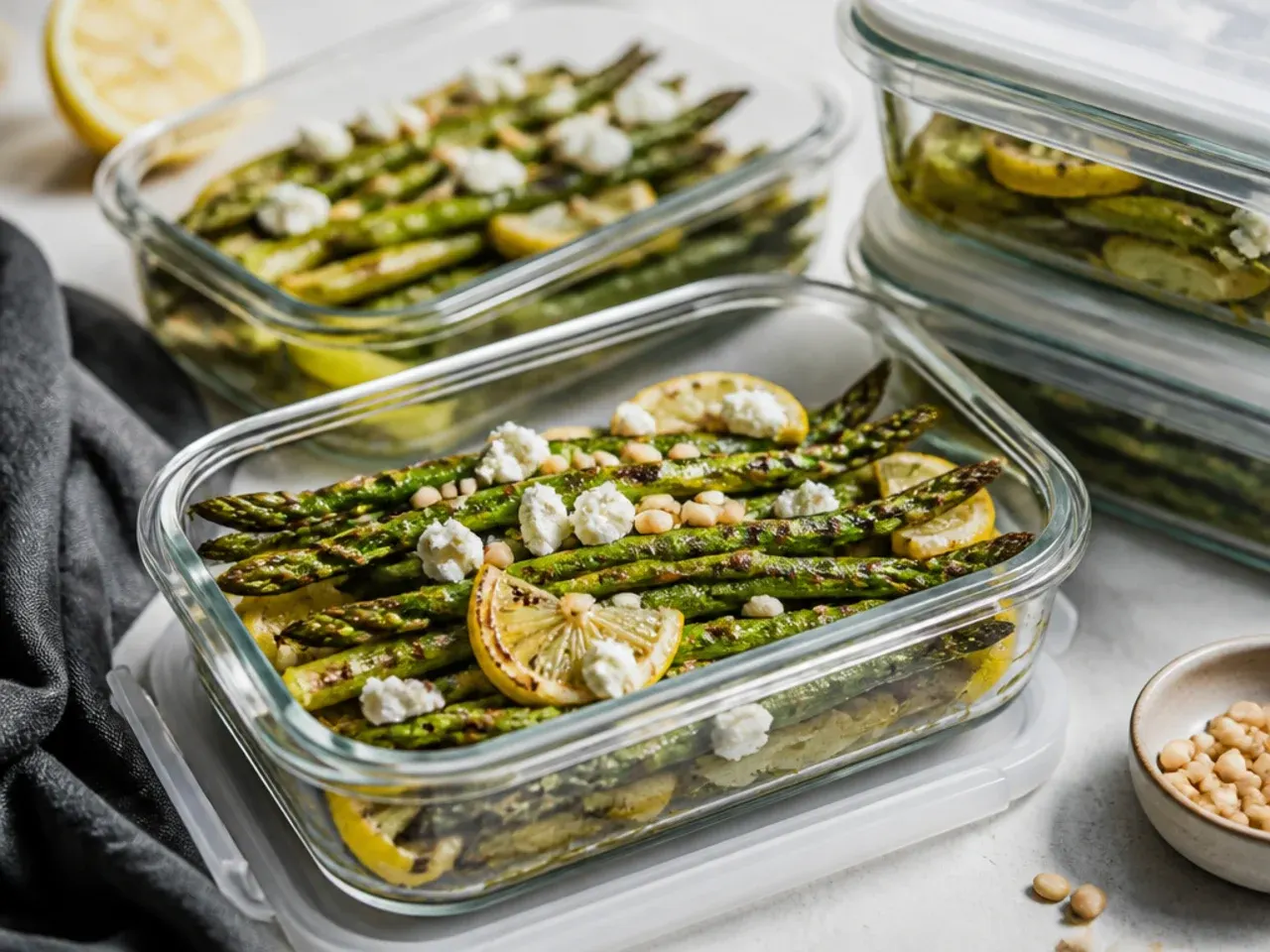 Leftover grilled asparagus stored in a glass airtight container in the fridge