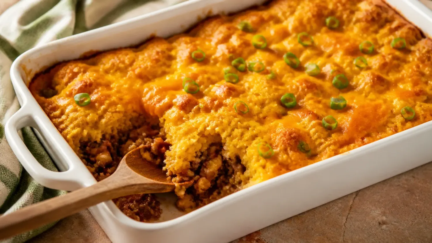 A baking dish of ground beef cornbread casserole with a golden cornbread topping, one corner cut away to show the beef, corn and cheese filling underneath