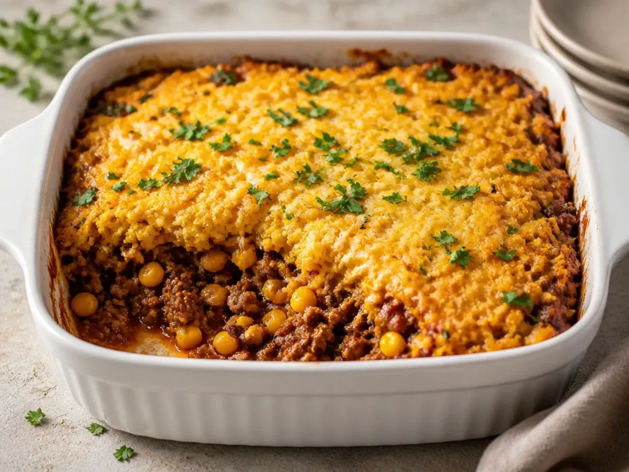 Overhead shot of a casserole dish layered with seasoned ground beef, sweetcorn and cheese, ready for cornbread batter to be poured on top
