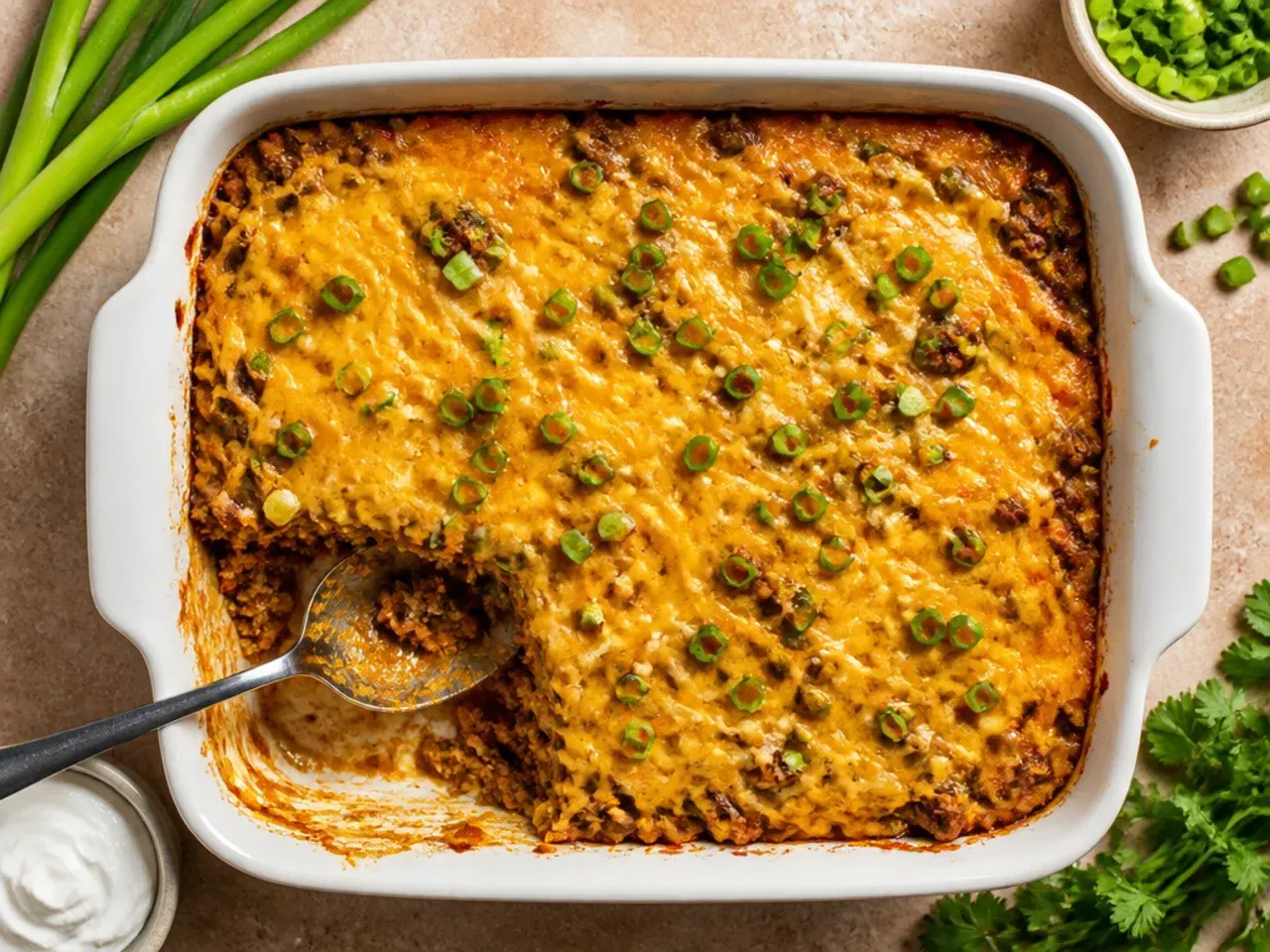 Cast iron skillet of thick beef and kidney bean chilli topped with a baked cornbread crust, classic chilli pie style