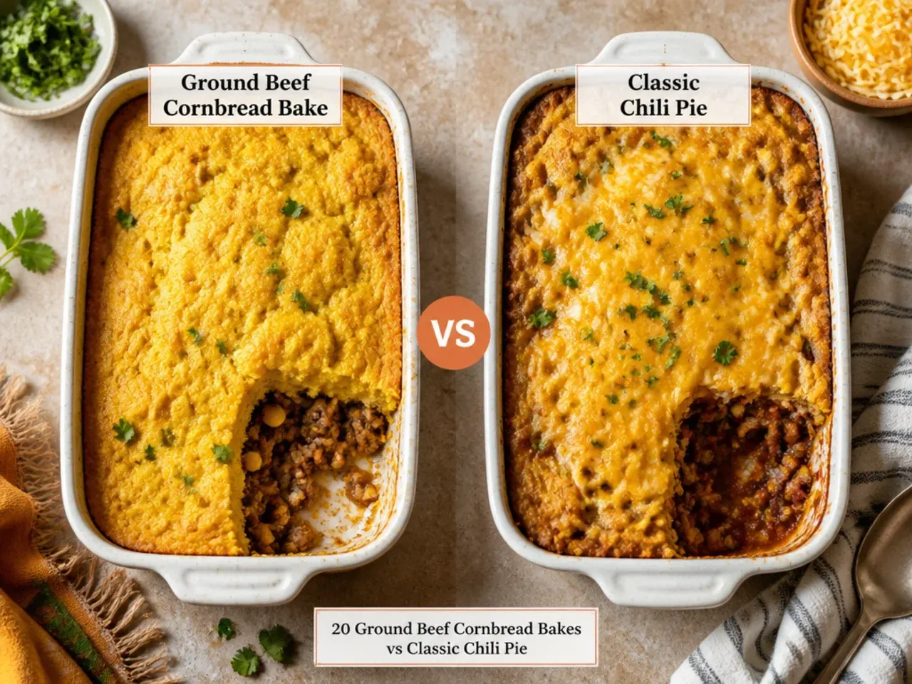 Ingredients for both casserole versions laid out on a kitchen counter including mince, cornbread mix, tinned tomatoes, kidney beans and cheese