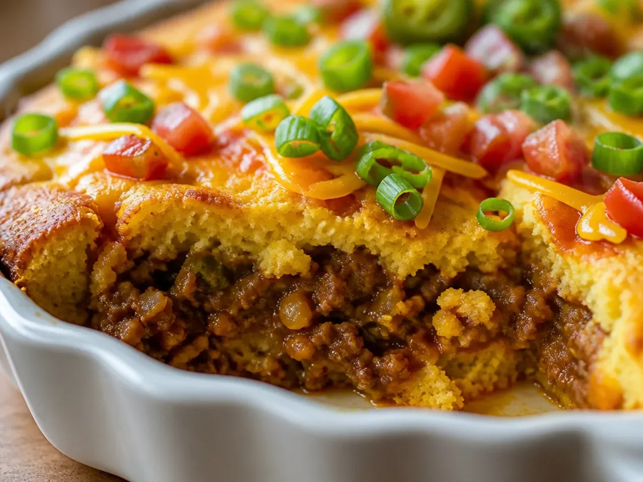 Close-up cross-section comparing a soft fused cornbread casserole slice next to a chilli pie slice with a distinct crisp cornbread crust