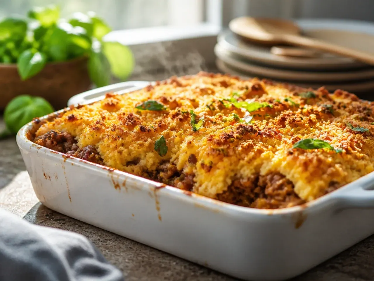 Two finished casserole dishes side by side on a dinner table, one quick cornbread bake and one classic chilli pie, for a family meal