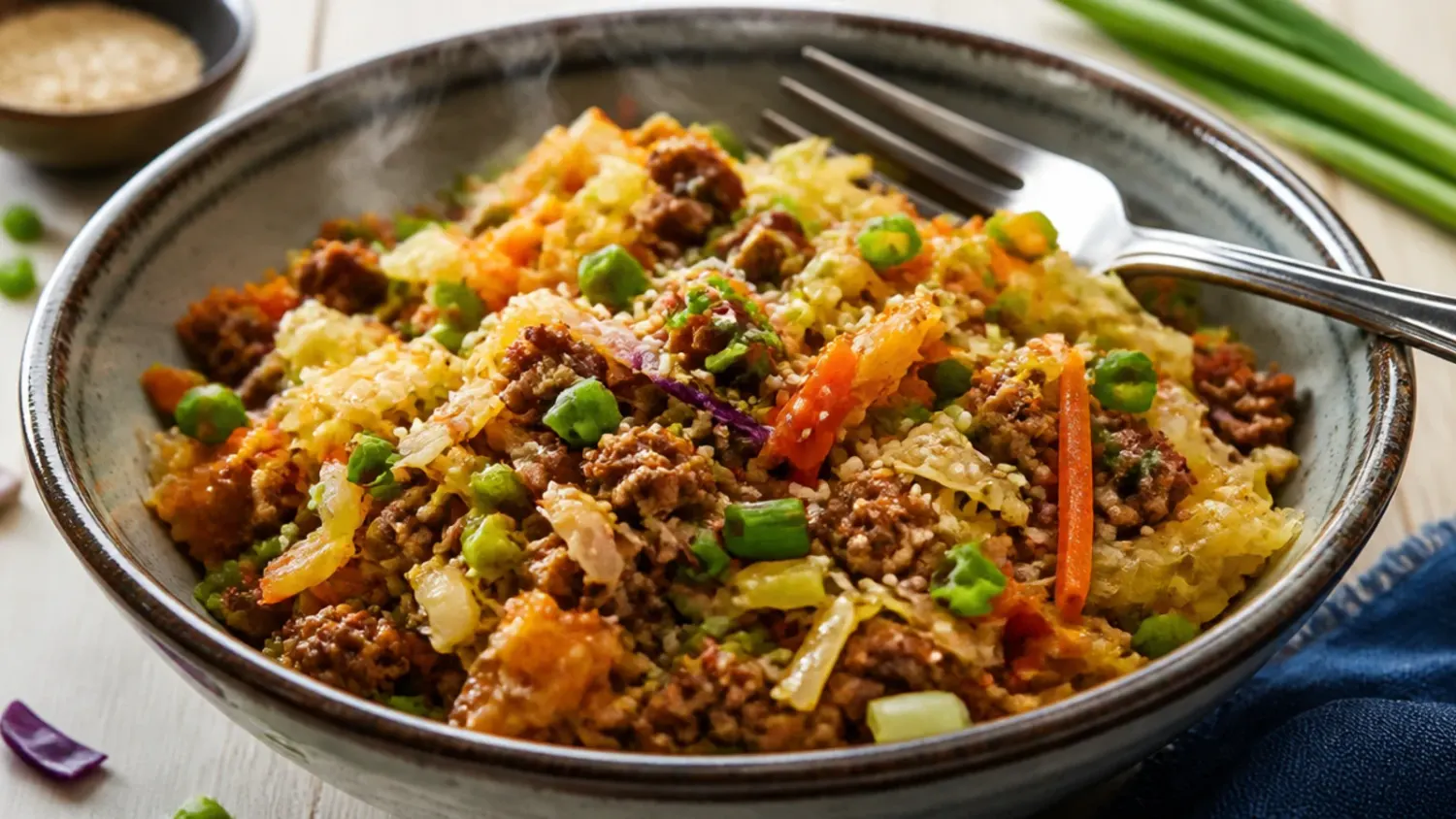 A skillet of ground beef egg roll in a bowl with shredded cabbage, carrots and scallions in a glossy soy-sesame sauce