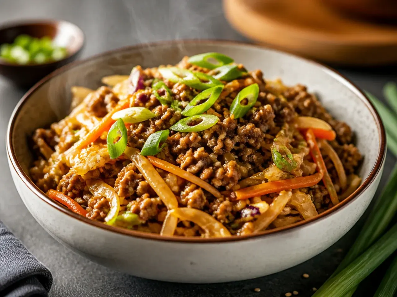 Overhead shot of ground beef egg roll in a bowl in a white bowl with sesame seeds and scallions