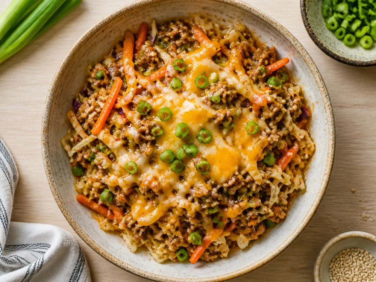 Classic ground beef egg roll in a bowl with visible cabbage and carrot shreds