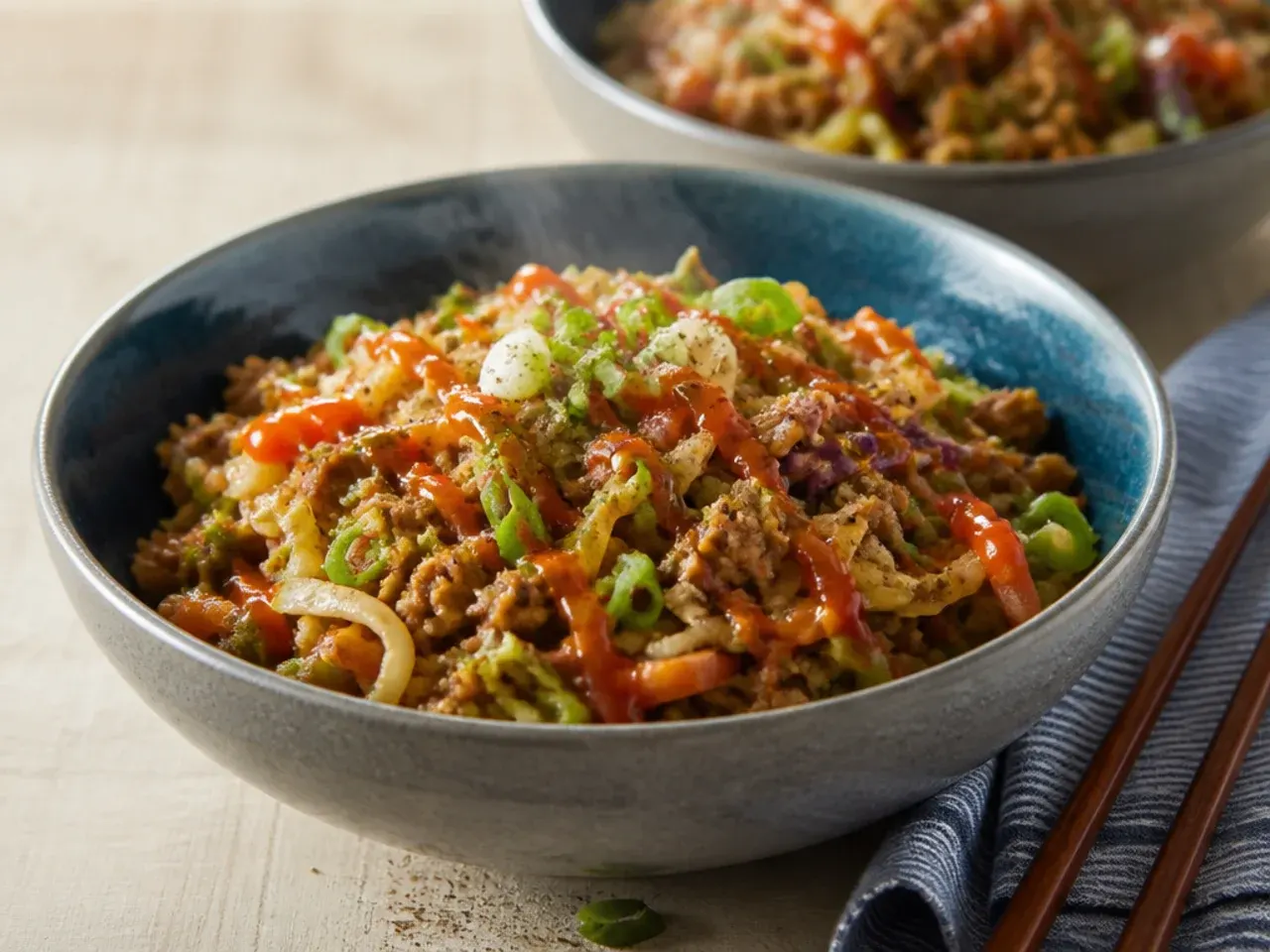 Quick weeknight ground beef egg roll bowl made with bagged coleslaw mix