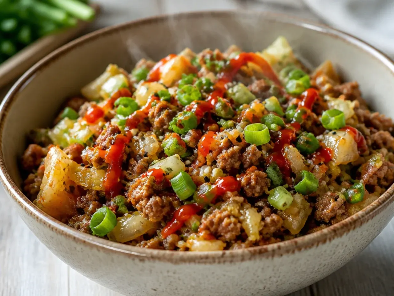 Cozy rice bowl version of ground beef egg roll in a bowl topped with a fried egg
