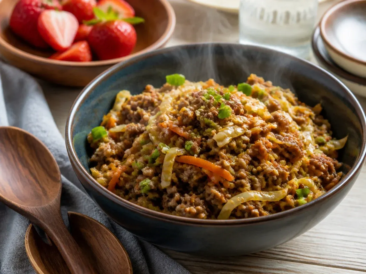 Minimalist five-ingredient ground beef egg roll in a bowl