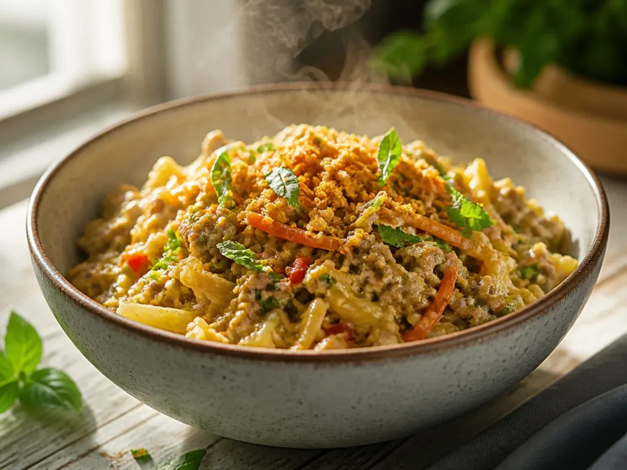 Ground beef egg roll bowl drizzled with creamy sriracha mayo