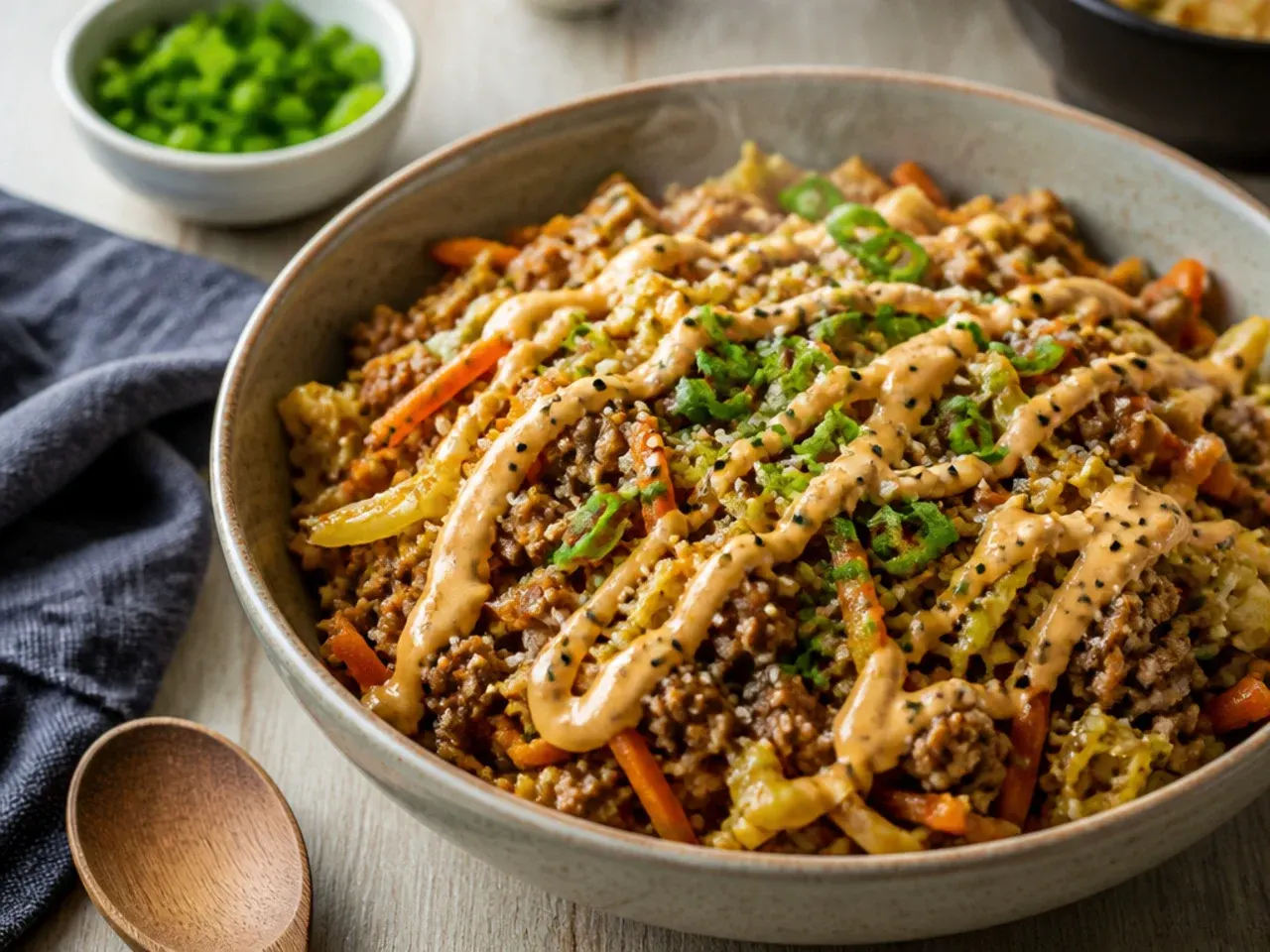 Loaded ground beef egg roll bowl with mushrooms, peppers and bean sprouts