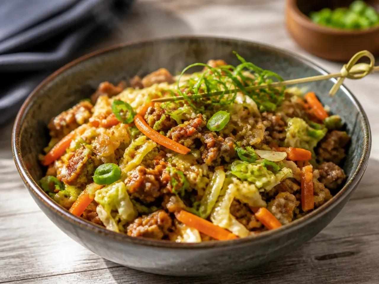 Best-ever ground beef egg roll in a bowl with glossy hoisin-soy sauce and fresh scallions