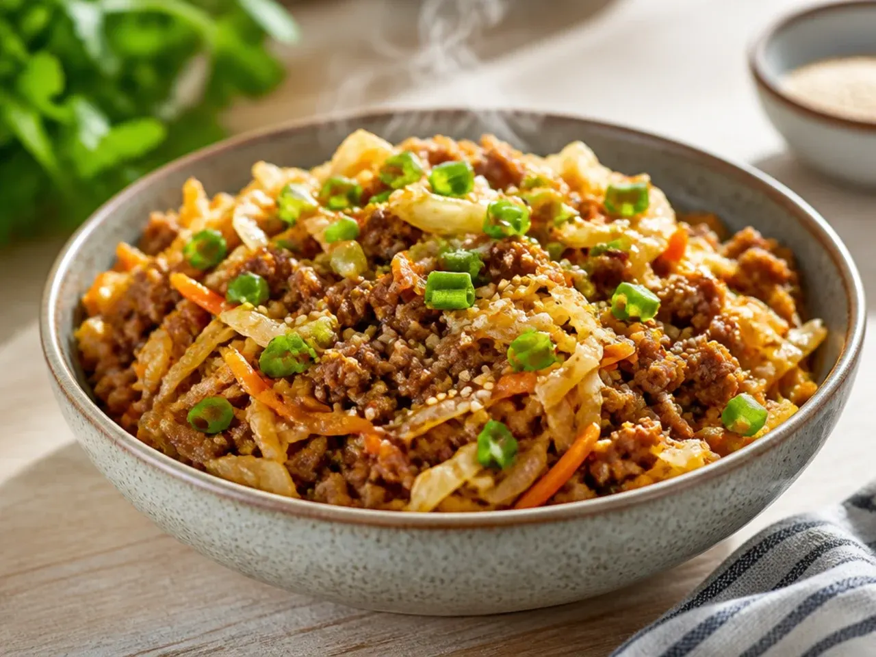 Cheesy ground beef egg roll bowl with melted mozzarella on top