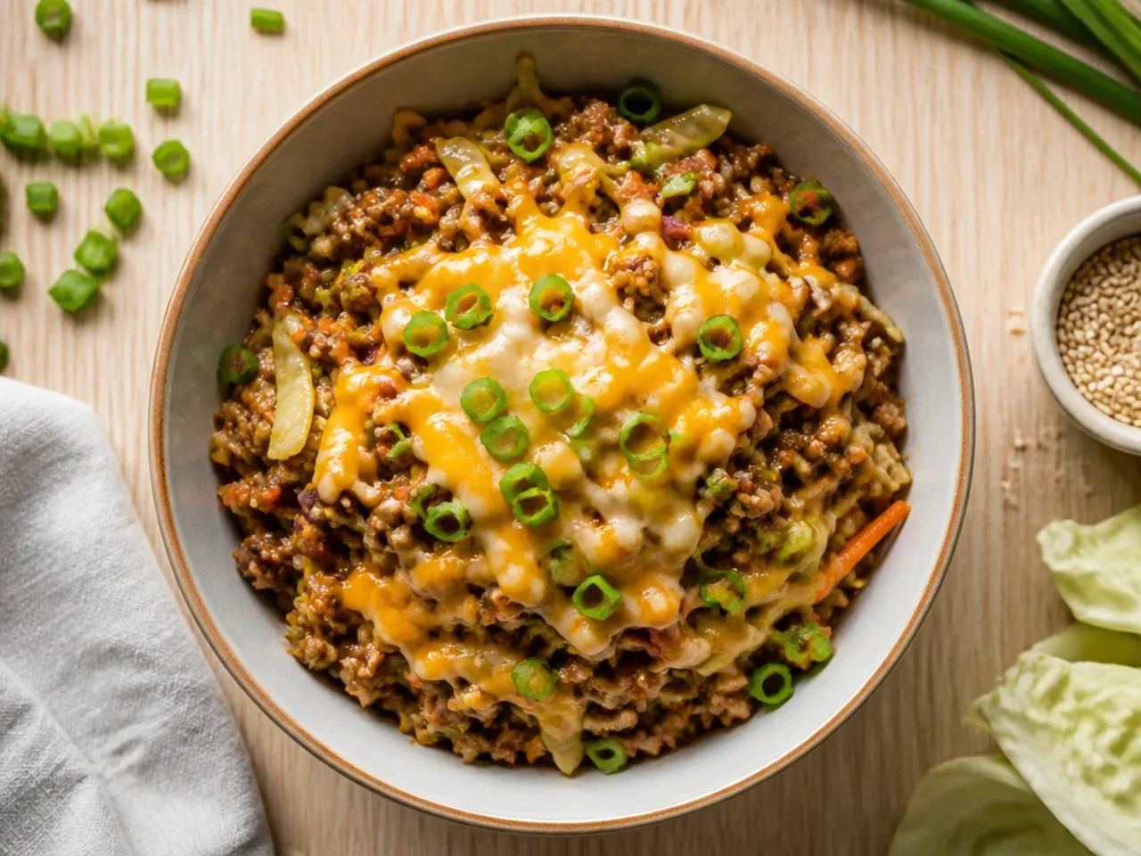 Budget-friendly ground beef egg roll bowl made with hand-shredded cabbage