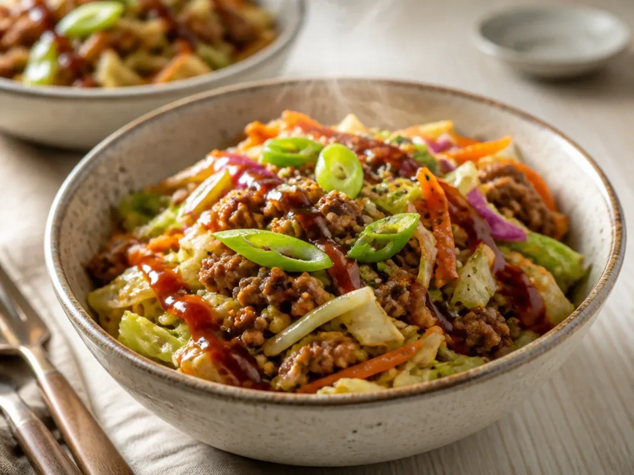 Large batch of ground beef egg roll in a bowl with a toppings bar for a crowd