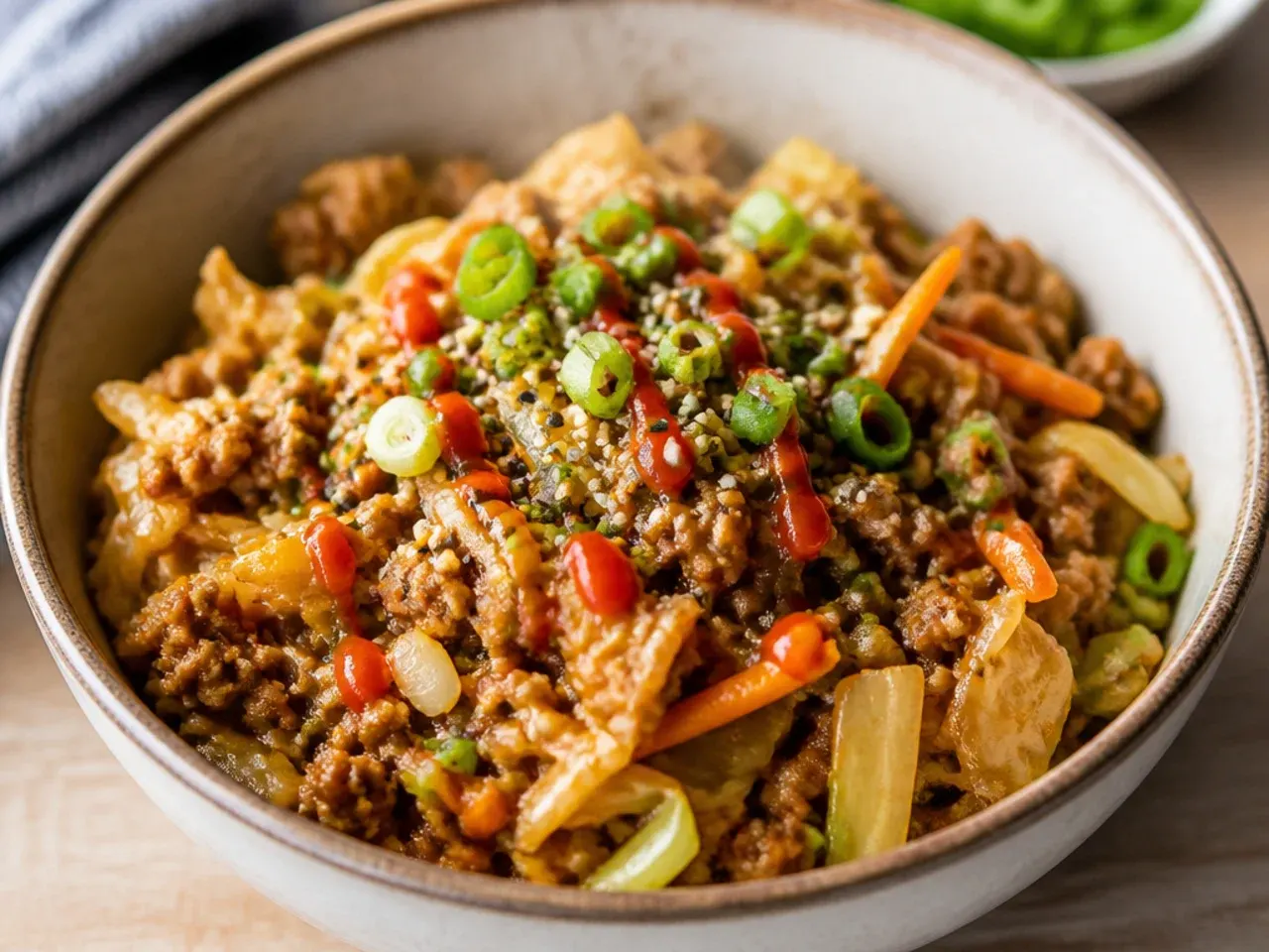 Meal-prepped ground beef egg roll bowl components stored in separate containers