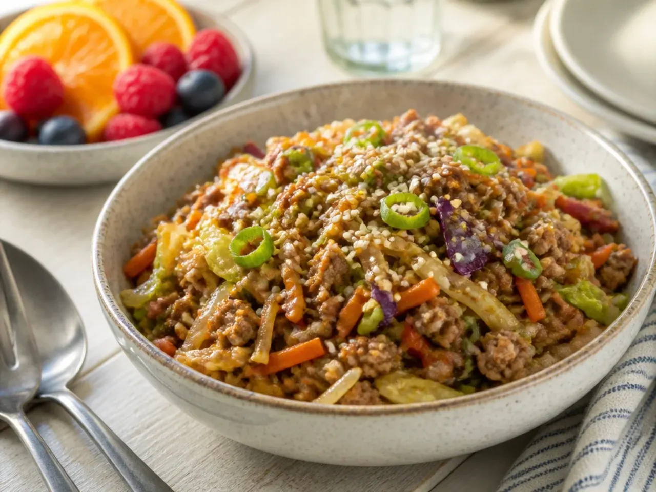 Family-style mild ground beef egg roll bowl served over rice