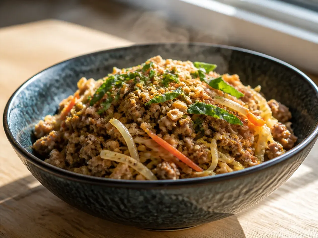 Festive ground beef egg roll bowl garnished with pomegranate seeds and orange segments