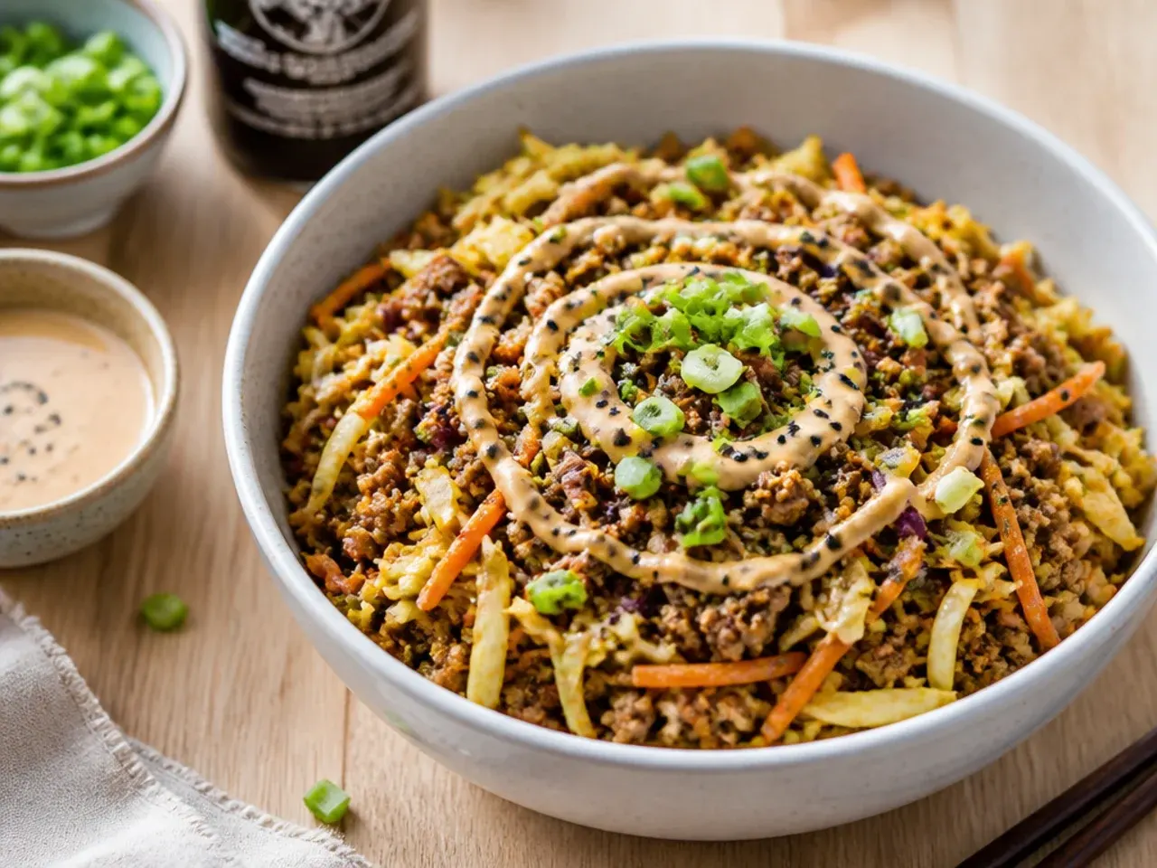 Speedy ground beef egg roll bowl cooked all in one pan over high heat