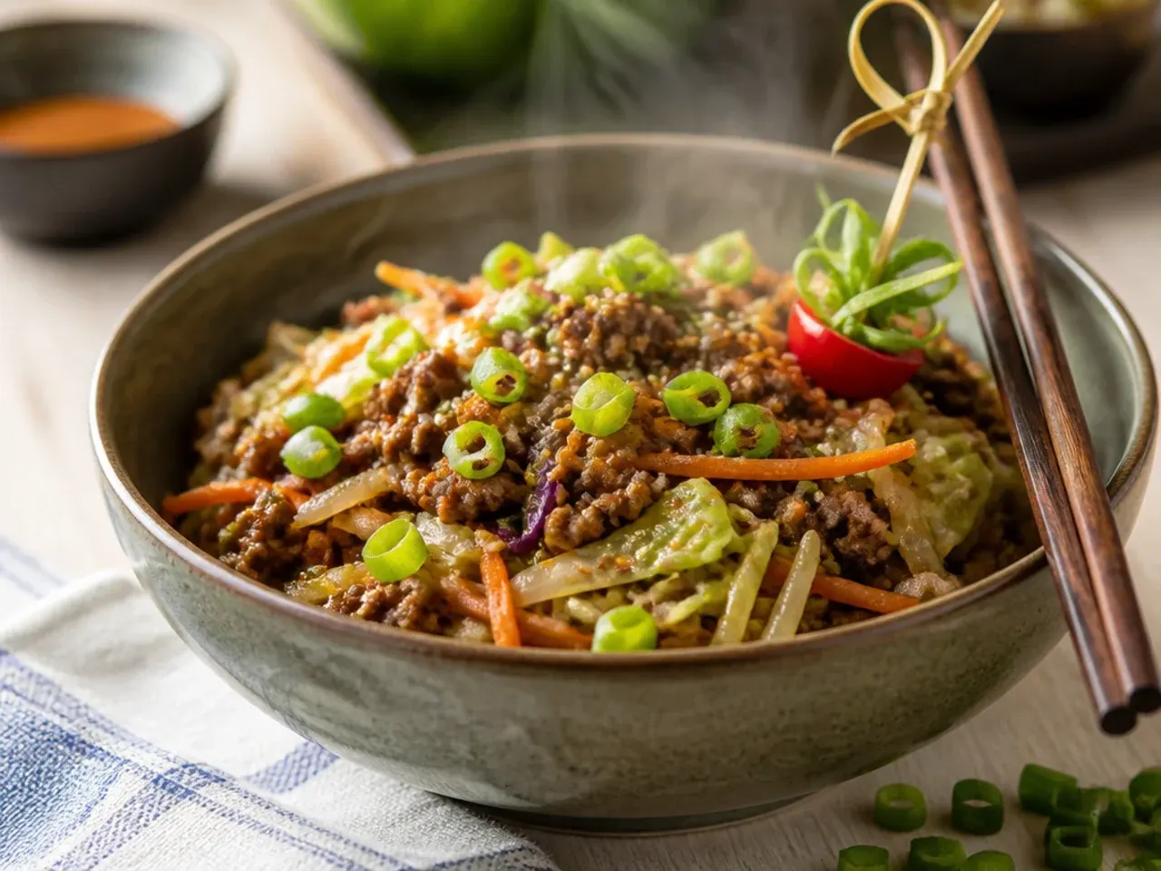 Homemade sauce being poured over ground beef egg roll in a bowl
