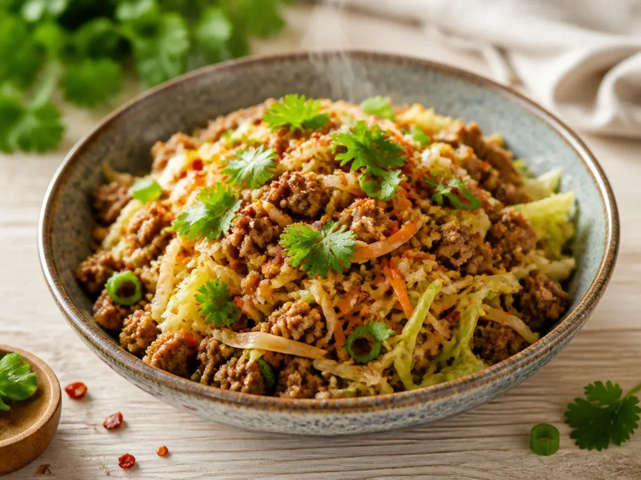 Spicy ground beef egg roll bowl with chilli crisp and red pepper flakes