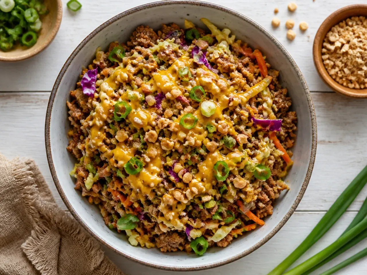 Peanut sauce ground beef egg roll bowl topped with chopped peanuts
