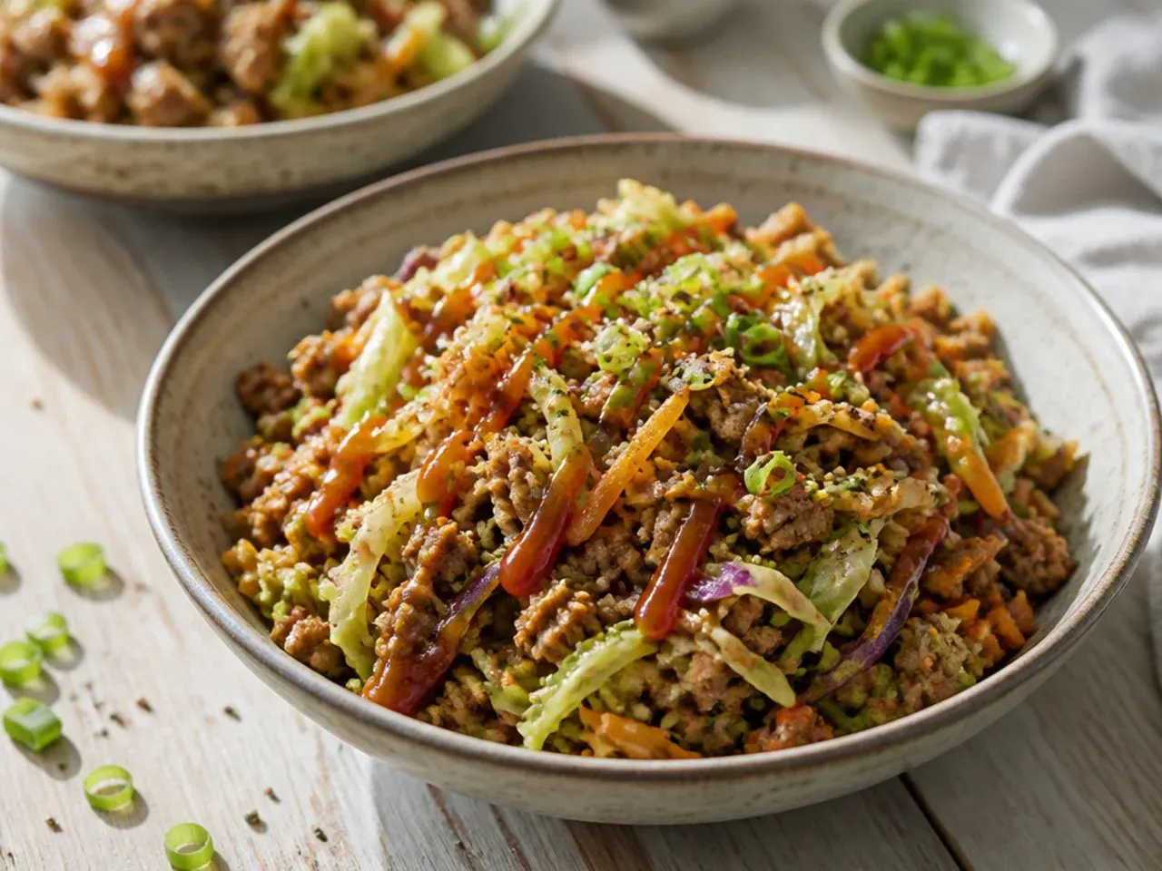 Ground beef and turkey blend egg roll in a bowl in a skillet