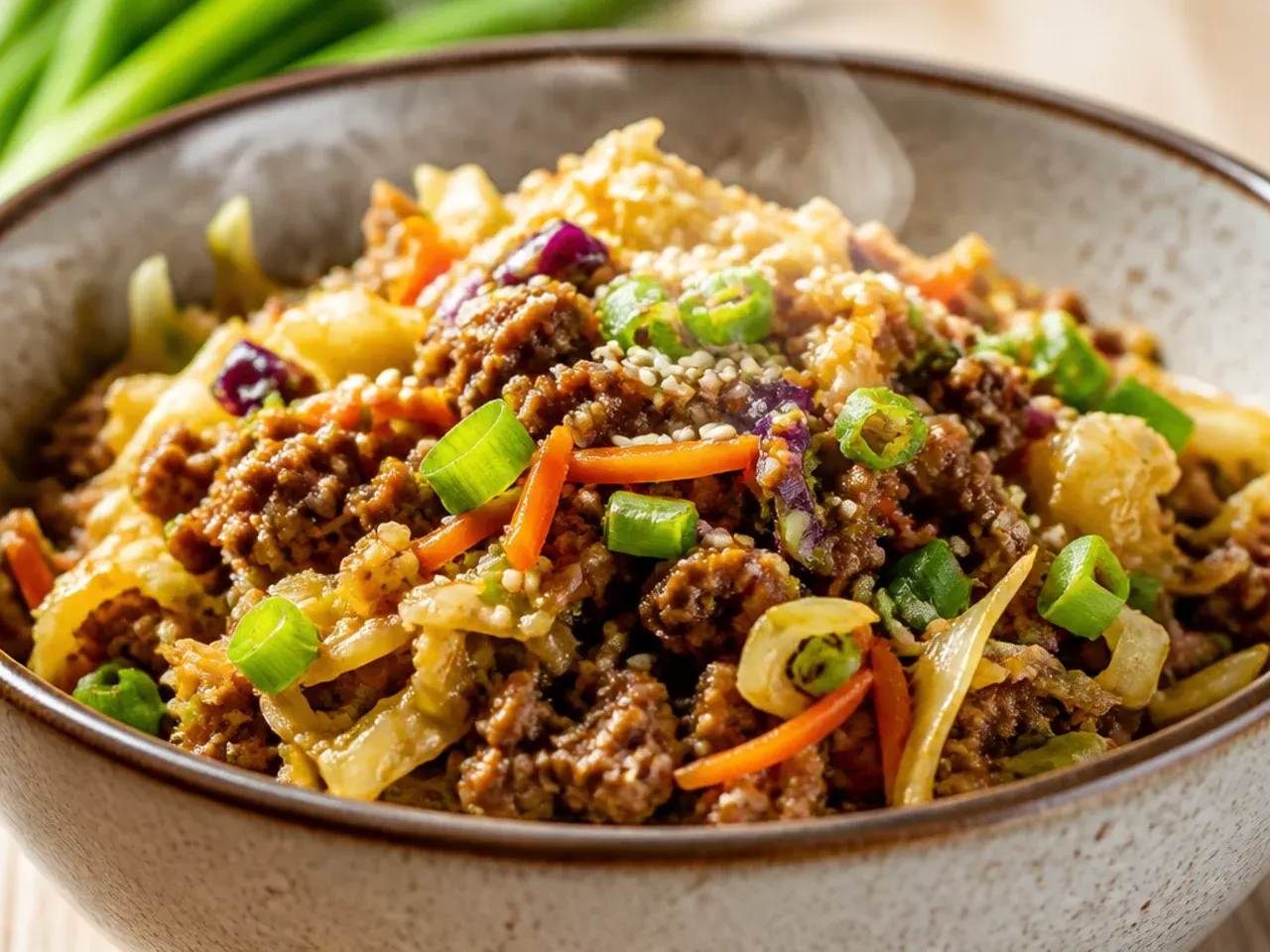 Low-sodium ground beef egg roll bowl seasoned with fresh ginger and garlic