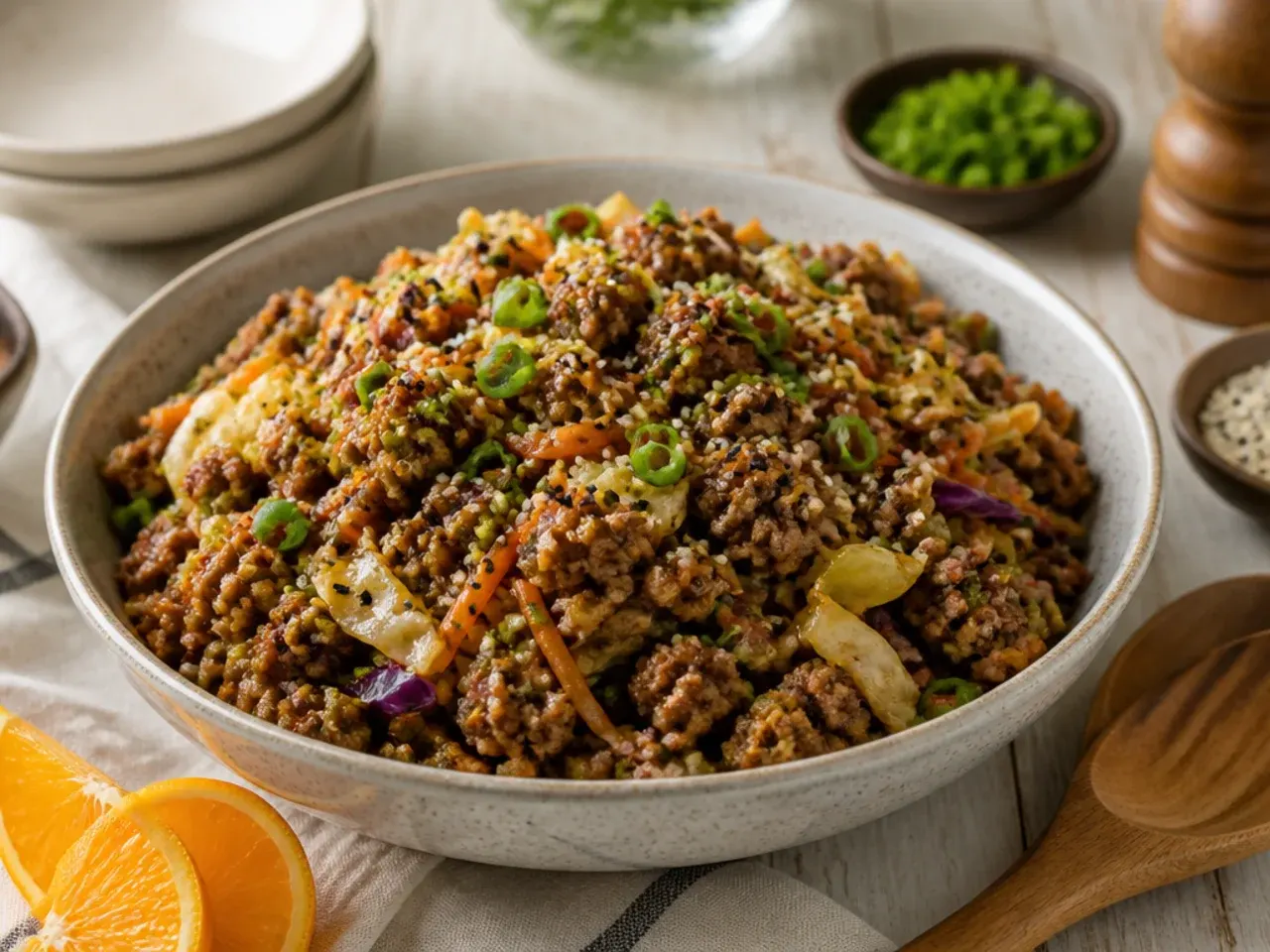 Soy-free ground beef egg roll bowl made with coconut aminos