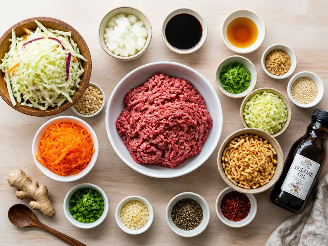 Close-up of browned ground beef being cooked in a skillet for egg roll in a bowl