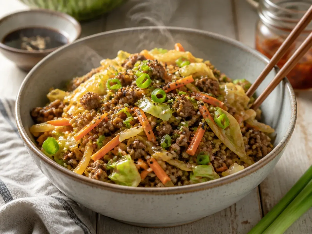 Ground beef egg roll in a bowl served with lime wedges and steamed rice on the side