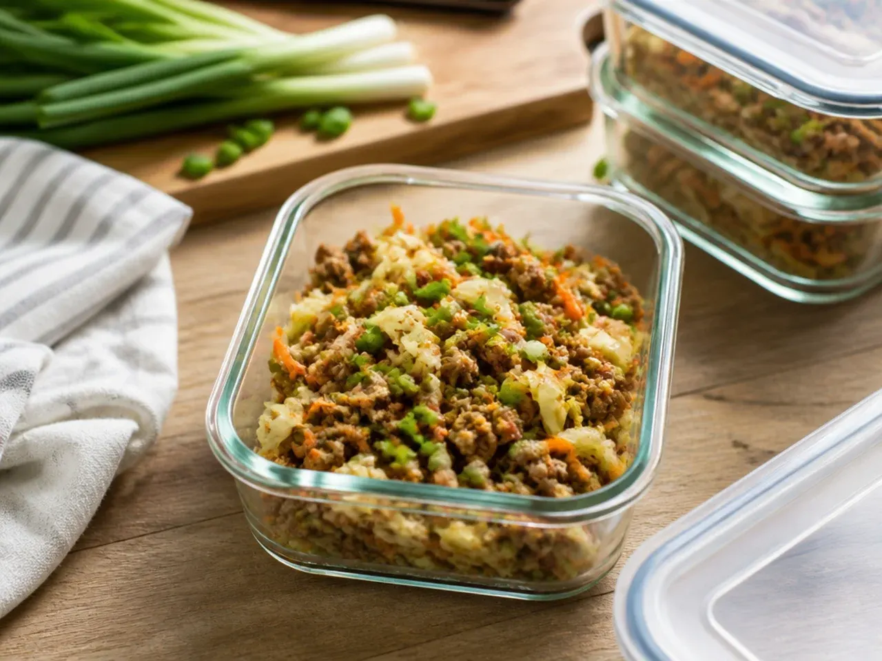 Ground beef egg roll in a bowl leftovers stored in a glass container