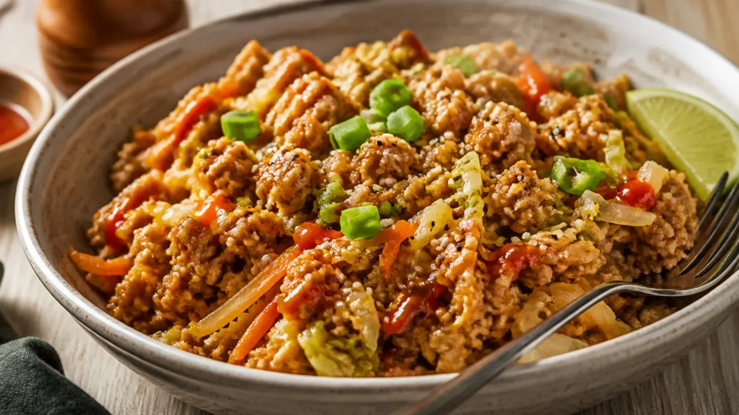 Skillet of ground turkey egg roll in a bowl with cabbage, carrots, spring onion and sesame seeds