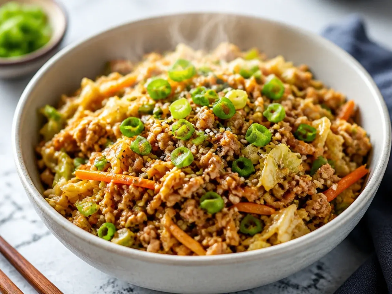 Overhead shot of ground turkey egg roll in a bowl in a dark skillet